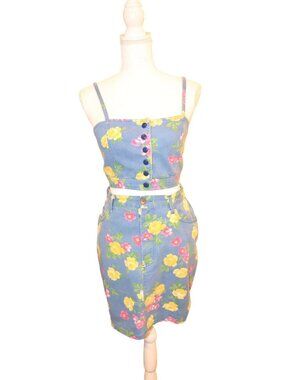 Kenzo Jeans Floral Blue Denim Two-Piece Set Crop Top & Skirt, Vintage Size 40